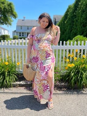 Off-Shoulder Tropical Print Maxi Dress in Pink and Green